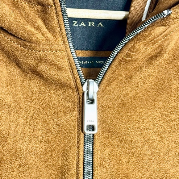 Zara Men's Faux Suede Brown Varsity Bomber Jacket w Hoodie Sz Medium - Picture 10 of 10
